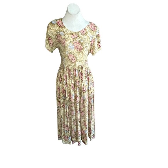 Jane Ashley Vintage 90s Gold Beaded Floral Grunge Back Tie Dress Size Small - Picture 1 of 13